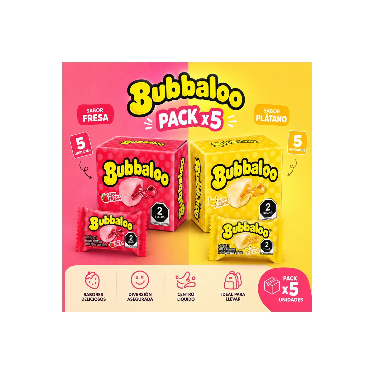 Bubbaloo Assorted Pack x5 - Strawberry & Banana