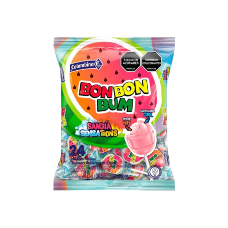 Sucettes Bon Bon Bum Pastèque Sensations Colombina 408g (24 Unités)